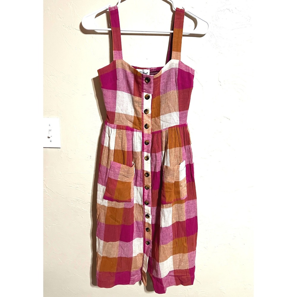 Free the Roses Plaid Button‎ Midi Dress Smocked Pockets boho farmhouse picnic